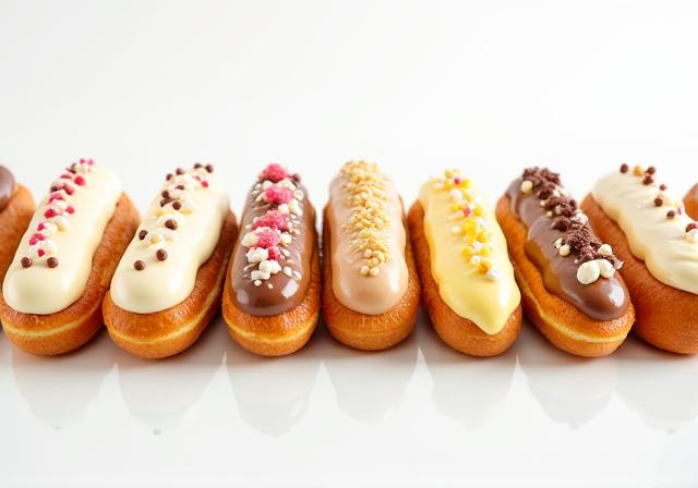 A line of perfectly glazed and decorated eclairs.