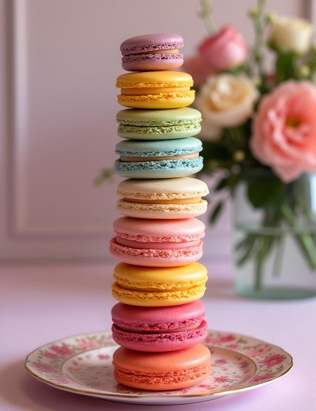 A tall, colourful tower of French macarons for an event.