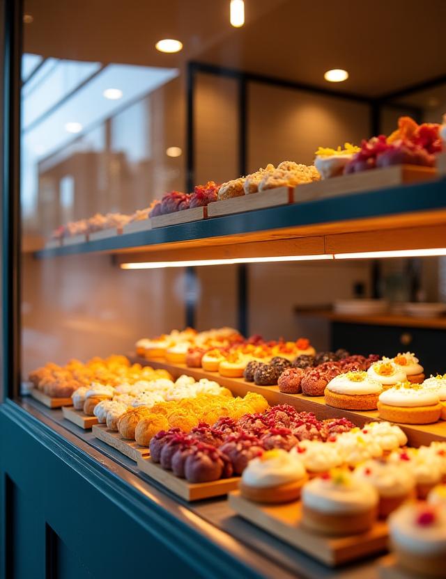The inviting display window of Misty Bites filled with fresh pastries.