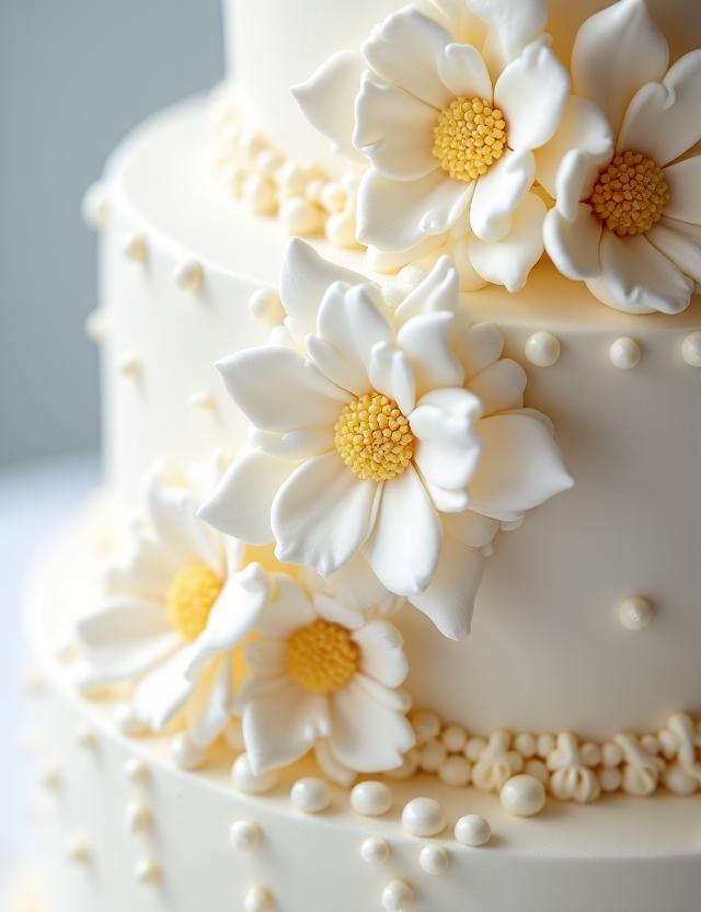 Close-up of intricate sugar flower work on a wedding cake.