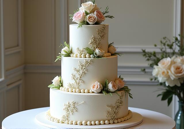 A stunning multi-tiered bespoke wedding cake with floral decorations.