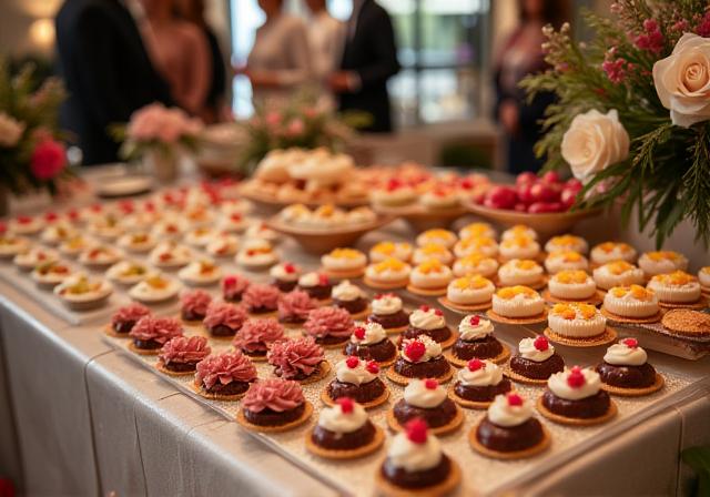 A lavish dessert table setup for an event, filled with miniature pastries.