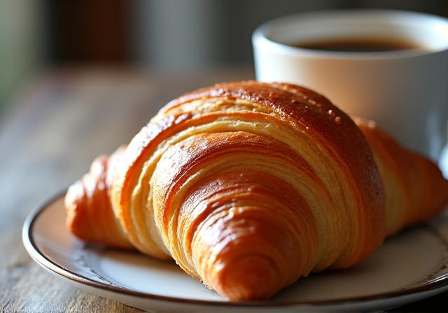 A close-up of a flaky, gourmet croissant next to a cup of coffee.