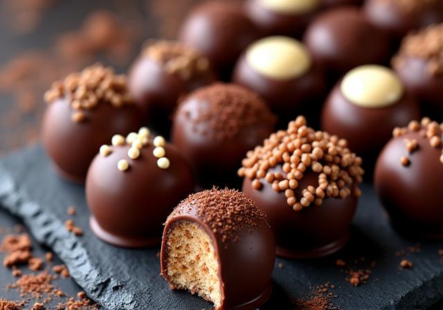 An assortment of handcrafted chocolate truffles with various fillings.